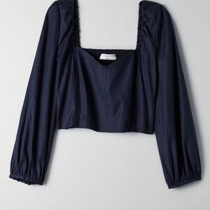 Babaton Hadwyn Navy Crop Top Puff Sleeve Linen Blend Smocked Back Xs